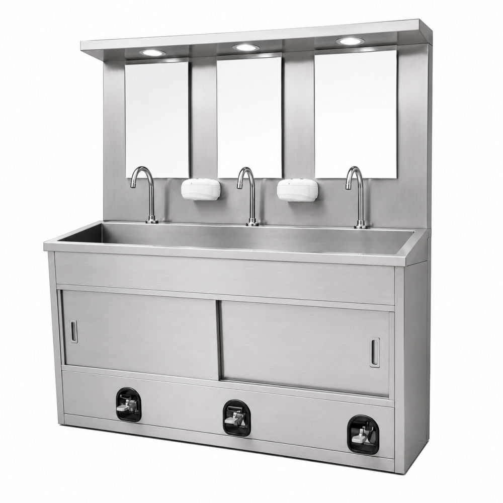 WB-H3 – three-station 304 stainless steel surgical hand-washing station with LED lighting