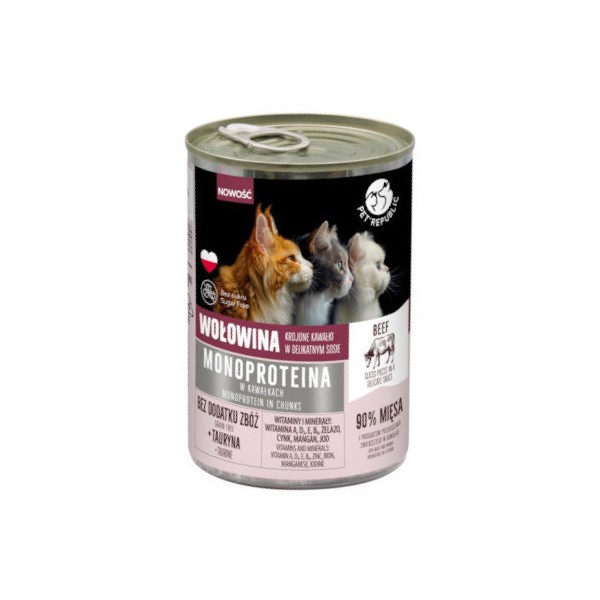 PETREPUBLIC karma monoproteinowa z wołowiną dla kota, kawałki w sosie 400g PETREPUBLIC karma monoproteinowa z wołowiną dla kota, kawałki w sosie 400g