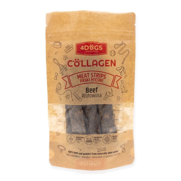 4DOGS COLLAGEN Paski mięsne z wołowiną z proszkiem z poroża 100g 4DOGS COLLAGEN Paski mięsne z wołowiną z proszkiem z poroża 100g