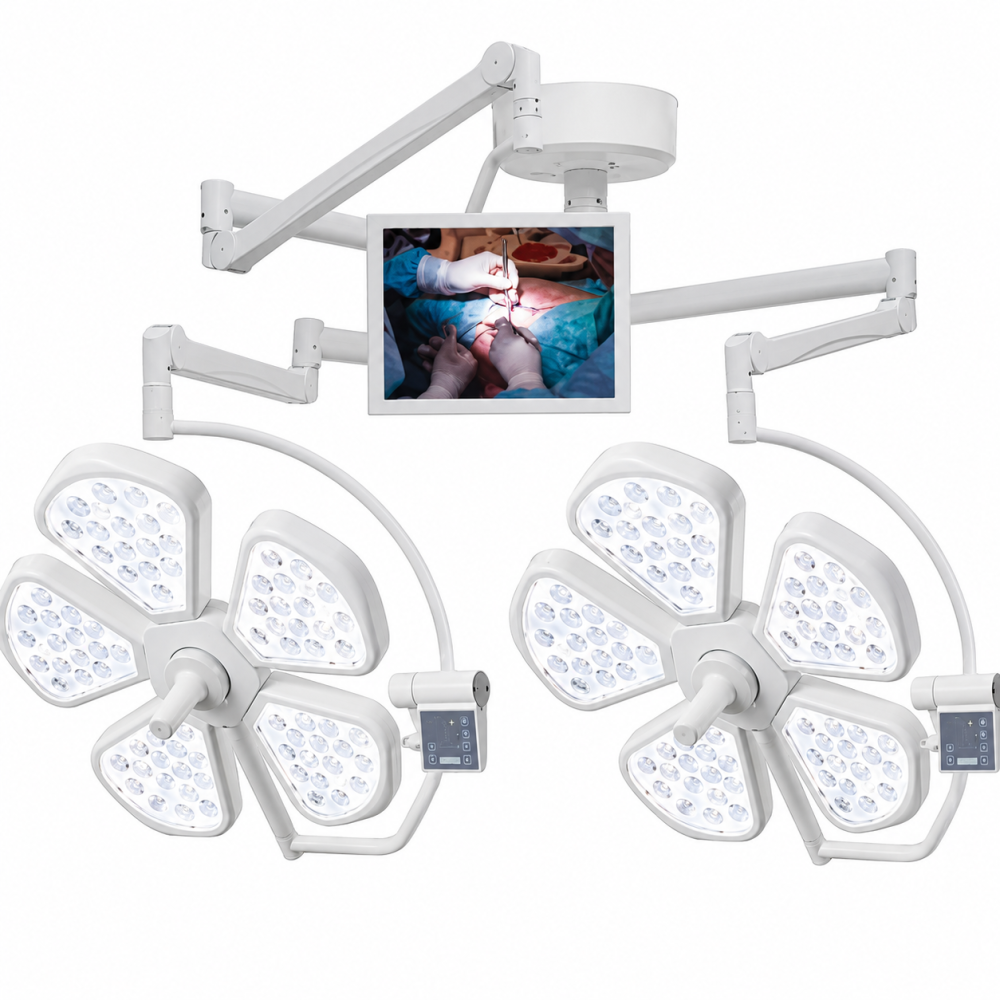 Ceiling-mounted flower-style double-dome LED operating lamp – adjustable intensity and colour