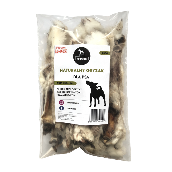 PINSCHER Naturalny gryzak dla psa - USZY KRÓLIKA 250g
