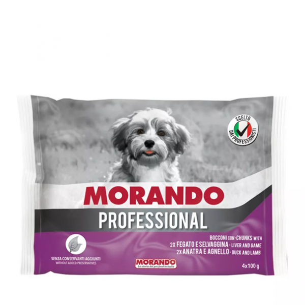 MORANDO PRO PIES Kawałki z wątróbką i dziczyzną oraz kaczką i jagnięciną 4x100g MORANDO PRO PIES Kawałki z wątróbką i dziczyzną oraz kaczką i jagnięciną 4x100g