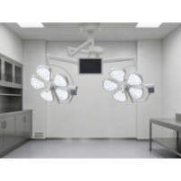 Lampa operacyjna LED dwuczaszowa sufitowa YDE700/700 F TYPE – „kwiat”, bezcieniowa — w gabinecie weterynaryjnym